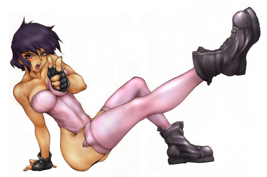 bare_shoulders, boots, breasts, collarbone, fingerless_gloves, ghost_in_the_shell, gloves, highres, kusanagi_motoko, large_breasts, legs, leotard, open_mouth, pointing, purple_eyes, purple_hair, short_hair, simple_background, sitting, solo, thigh-highs, thighhighs, toyomaru, toyomaru_(pixiv), violet_eyes