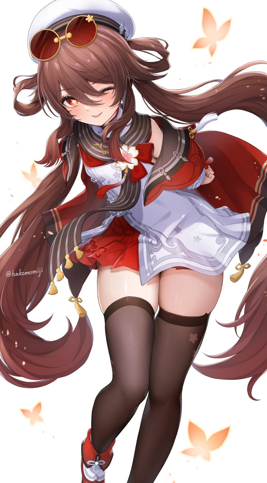 1girl, ;p, absurdres, blush, brown_hair, brown_scarf, brown_thighhighs, chinese_clothes