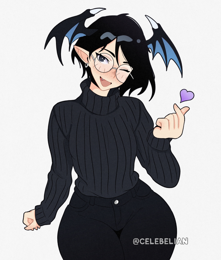 1girl, alternate_costume, alternate_hairstyle, artist_name, bat_wings, black_eyes, black_hair, black_pants
