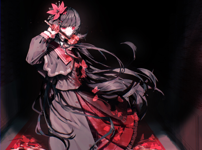 1girl, black_background, black_capelet, black_hair, black_shirt, black_skirt, blood, blood_on_hands
