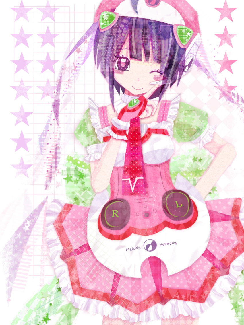 1girl, abcdef-t, ahoge, blush_stickers, detached_collar, dress, finger_to_cheek, fingerless_gloves