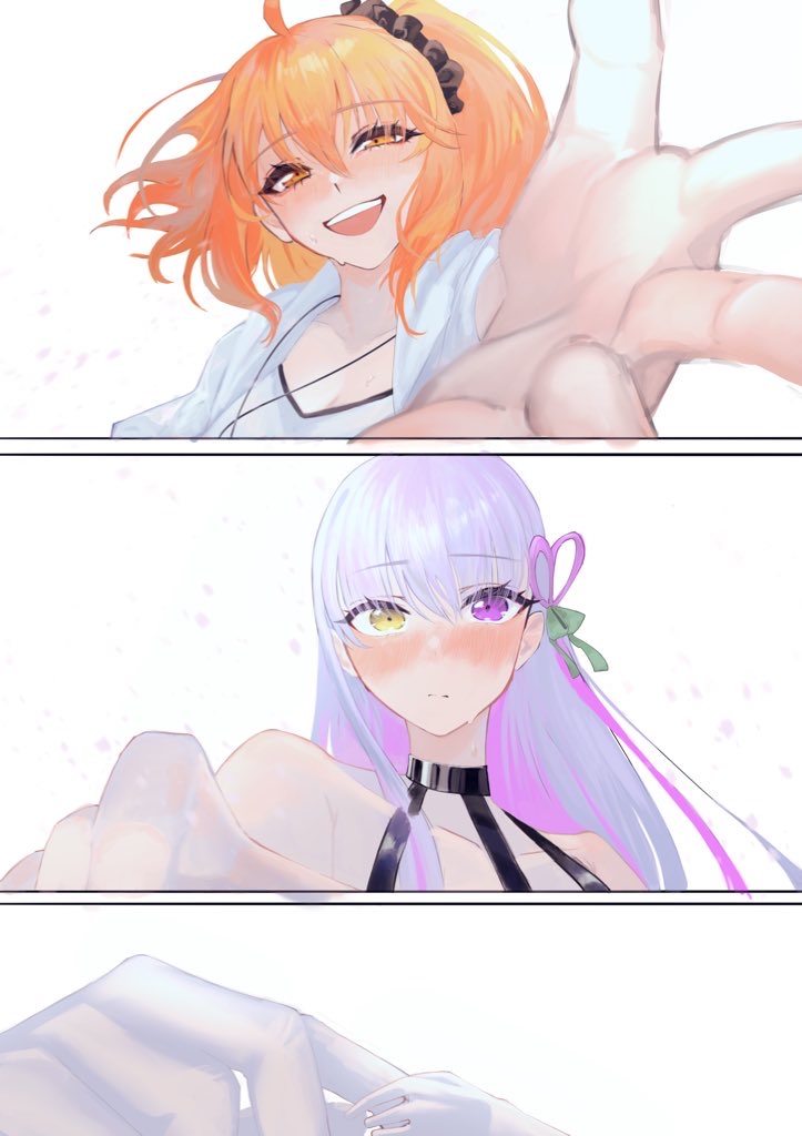 2girls, bare_shoulders, blush, bow, commentary, fate/grand_order, fate_(series), fujimaru_ritsuka_(female)