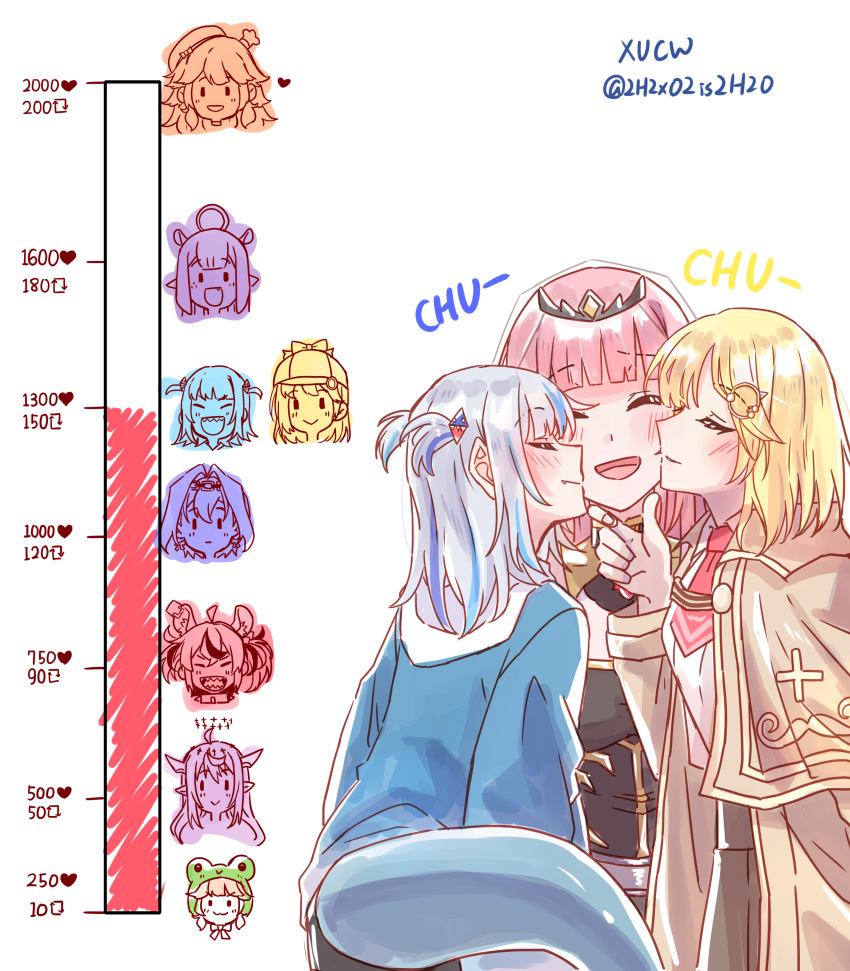 6+girls, absurdres, animal_ears, black_dress, blonde_hair, blue_hoodie, blue_streaks, brown_coat