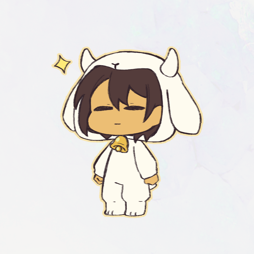 1other, 2021, 2d, =_=, alternate_costume, ambiguous_gender, animal_costume, animal_ears, animal_hood, bell, brown_hair, chibi, chibi_only, child, cosplay, digital_media, fake_animal_ears, forut_dondon, frisk_(undertale), full_body, goat_costume, goat_ears, hood, hood_up, horns, human, human_only, kigurumi, orange_outline, other_focus, outline, short_hair, simple_background, solo, sparkle, standing, undertale, utdr_(toby_fox), white_background