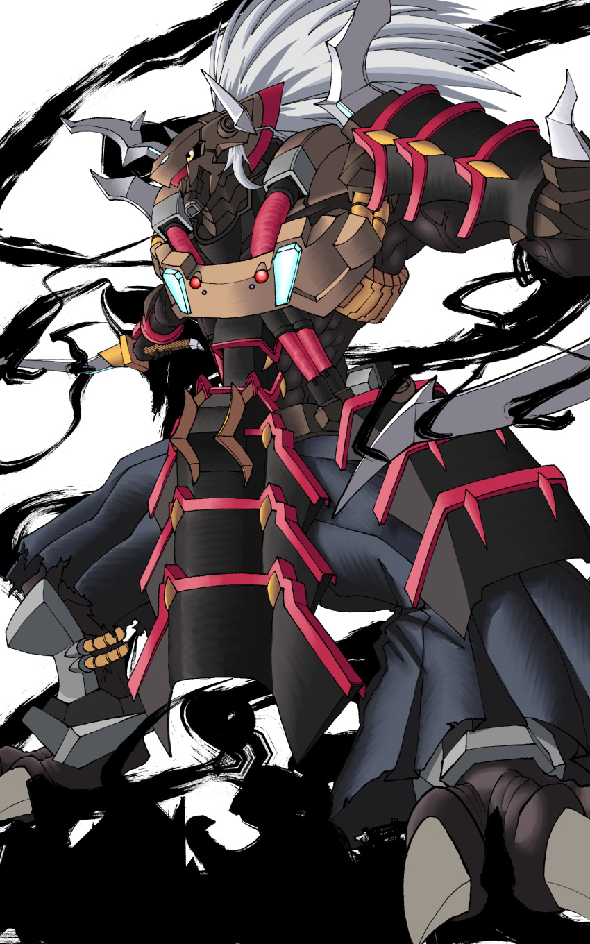 absurdres, armor, black_armor, black_background, black_skin, colored_skin, digimon, digimon_(creature), dragon, dual_wielding, full_body, gaioumon, helmet, highres, holding, holding_sword, holding_weapon, horns, laser_(akirawai), long_hair, simple_background, solo, sword, weapon, white_background, white_hair, yellow_eyes