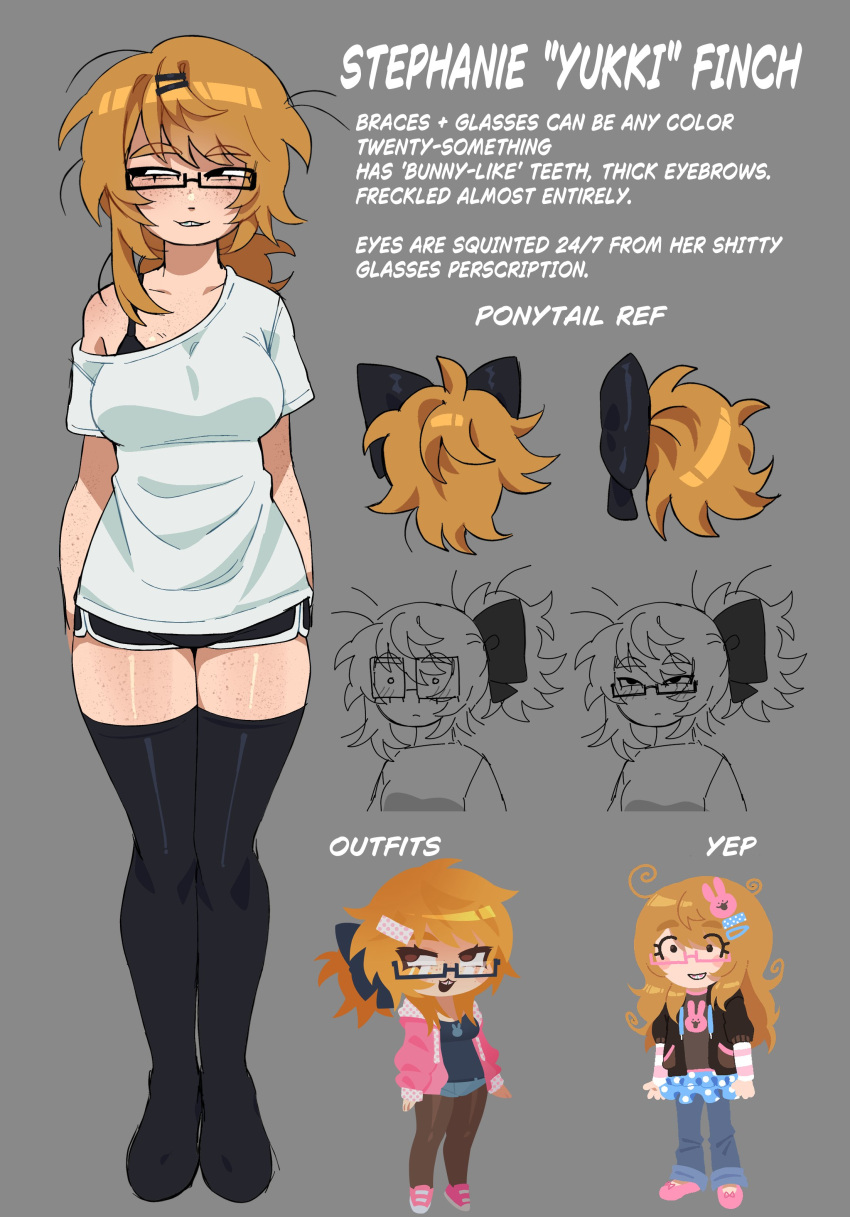 1girl, absurdres, black_bow, black_thighhighs, bow, buck_teeth, dolphin_shorts, english_text