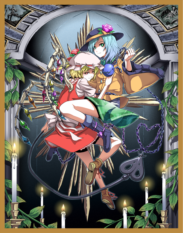 2girls, alternate_wings, blonde_hair, blue_hair, bow, candle, chain, dress