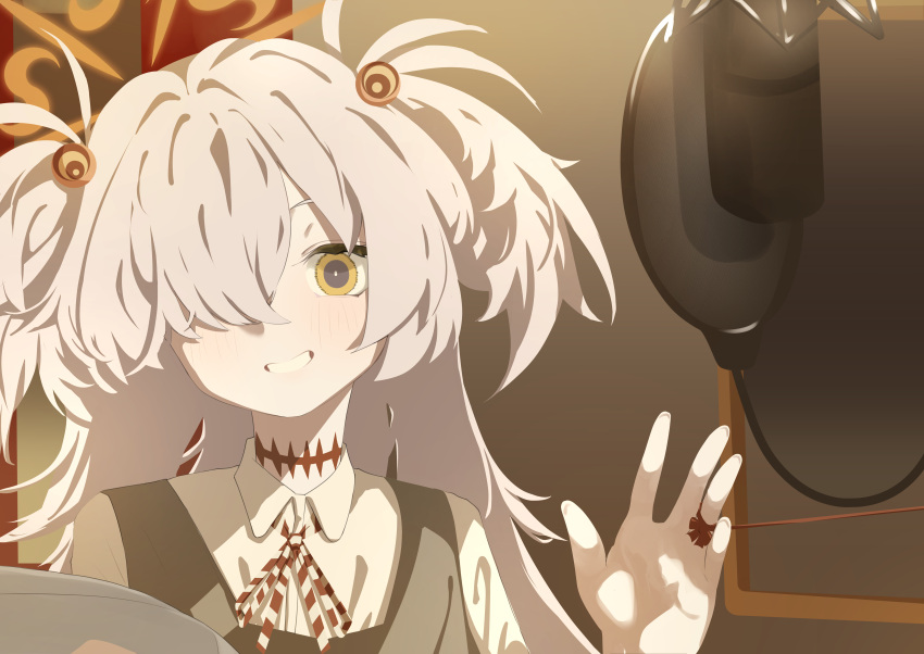 1girl, absurdres, black_dress, black_eyes, blue_archive, boom_microphone, bright_pupils, collared_shirt, commentary, dress, grey_hair, grin, hair_over_one_eye, halo, head_tilt, highres, kanoe_(blue_archive), light_blush, long_sleeves, looking_at_viewer, neck_ribbon, orange_halo, pale_skin, pinafore_dress, ribbon, ringed_eyes, sharp_to_sharp, shirt, sleeveless, sleeveless_dress, smile, solo, string, string_of_fate, swept_bangs, two_side_up, upper_body, white_pupils, white_shirt, yellow_eyes