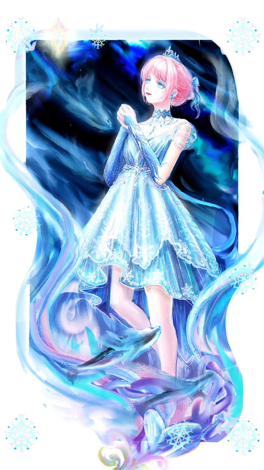 1girl, aqua_eyeshadow, aurora, bare_legs, blue_arm_warmers, blue_bow, blue_choker, blue_dress