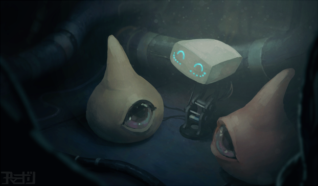 3others, ^_^, amamidori, aqua_eyes, artist_name, blurry, blurry_foreground, closed_eyes