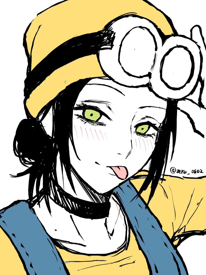 1girl, beanie, blue_overalls, chainsaw_man, choker, commentary_request, cosplay, despicable_me