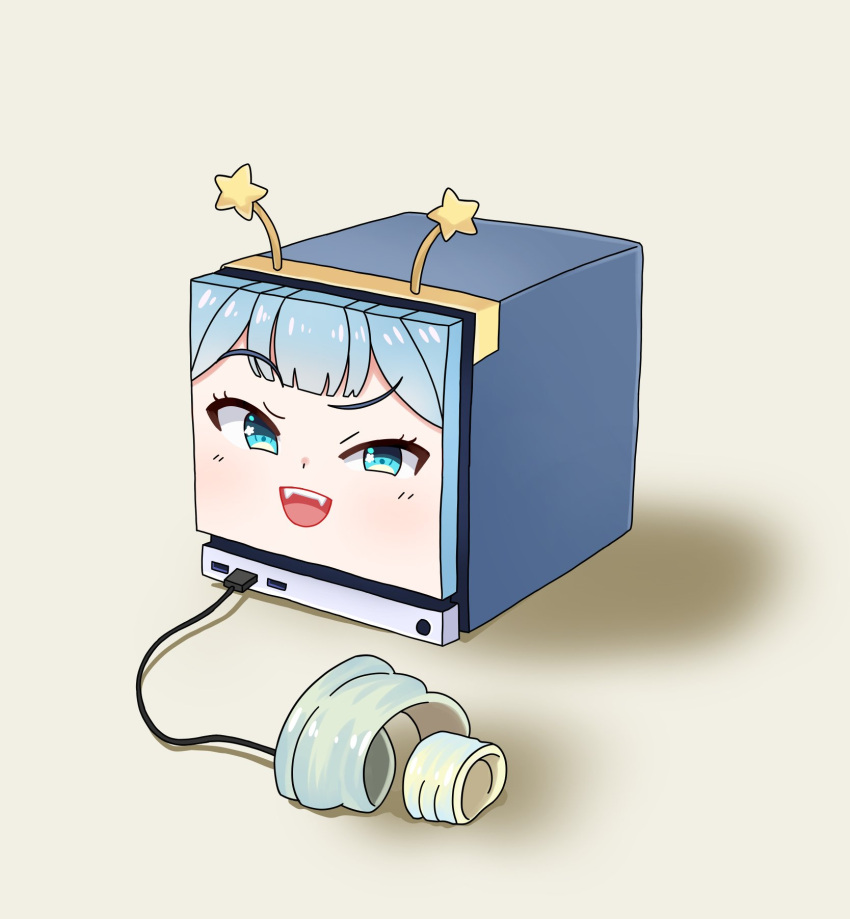 :d, blue_eyes, blue_hair, character_print, commentary, computer, cube, drill_hair