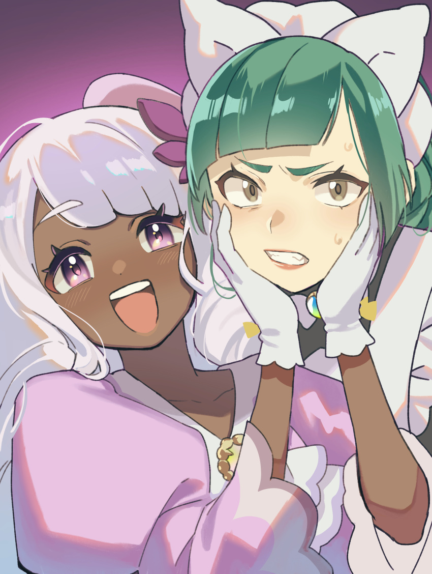 2girls, absurdres, apron, ascot, bow, bowtie, brooch, clenched_teeth