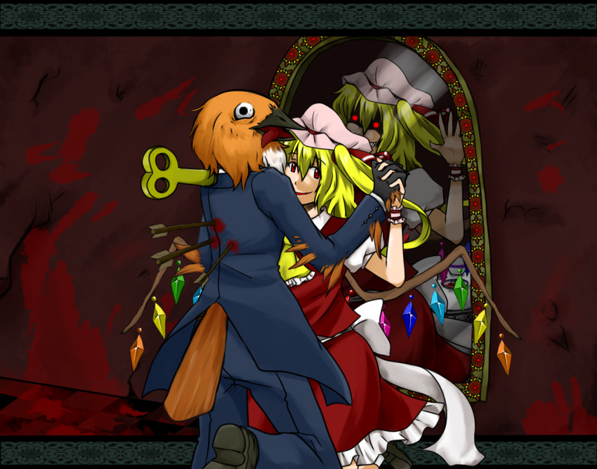arrow, bird, blood, dancing, dark_persona, flandre_scarlet, kami_nimo, mirror