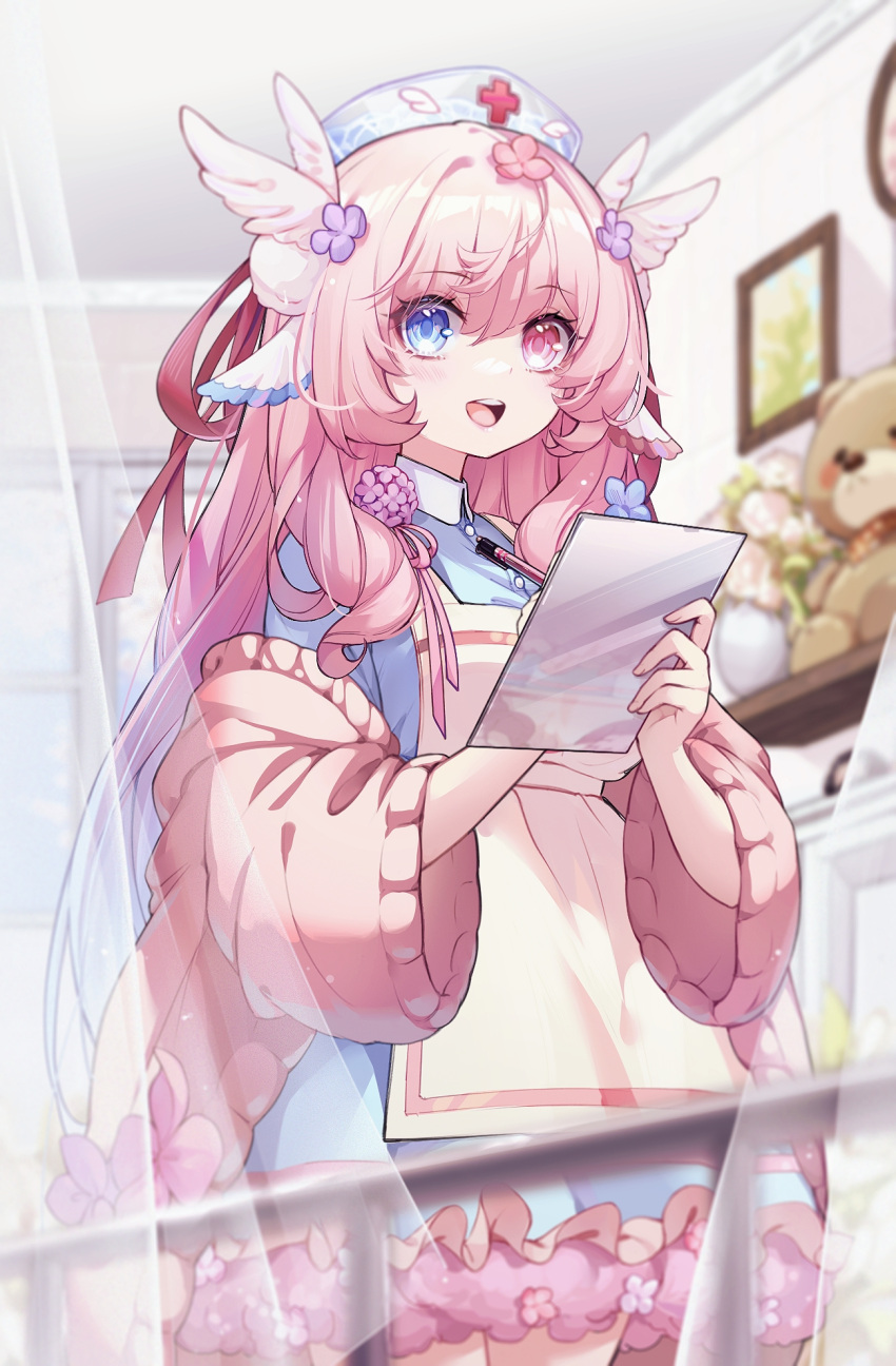 1girl, animal_ears, apron, bird_ears, blue_dress, blue_eyes, blue_hat, blurry