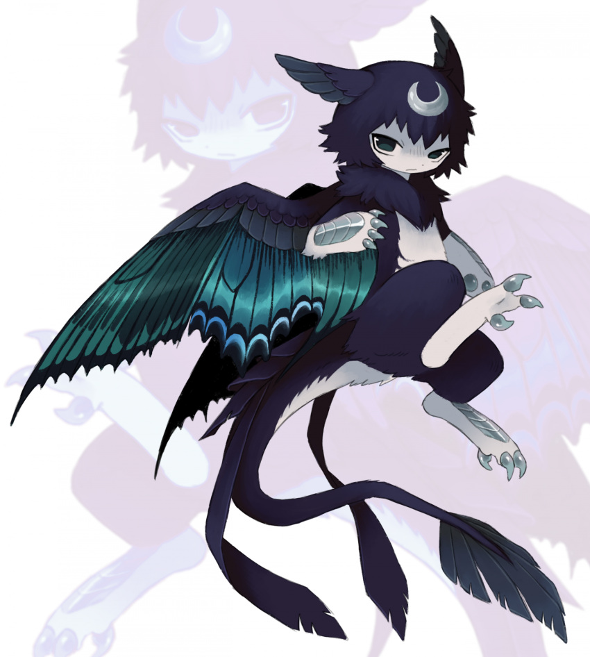 1girl, androgynous, aqua_wings, blue_claws, blue_feathers, blue_fur, blue_hair, blue_tail