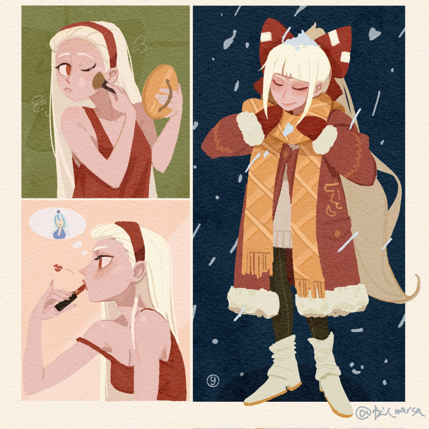 applying_lipstick, applying_makeup, applying_own_makeup, black_pants, boots, bow, cat, coat