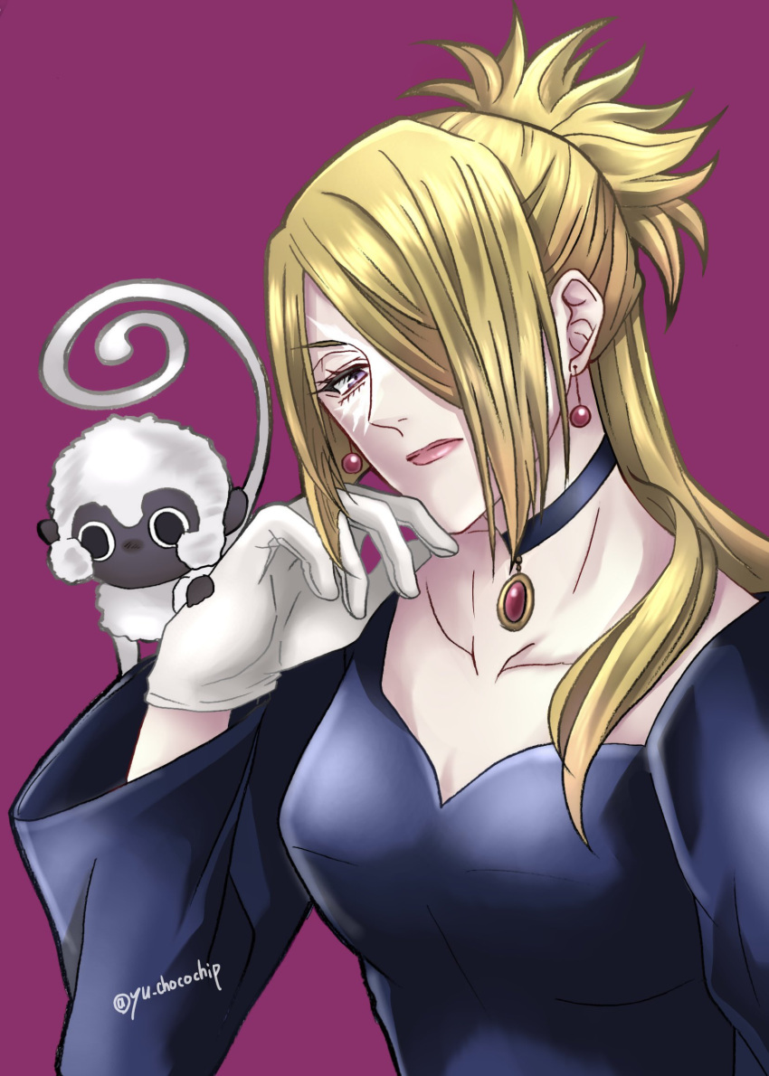 1girl, animal, animal_on_shoulder, artist_name, blonde_hair, blue_choker, blue_shirt, breasts