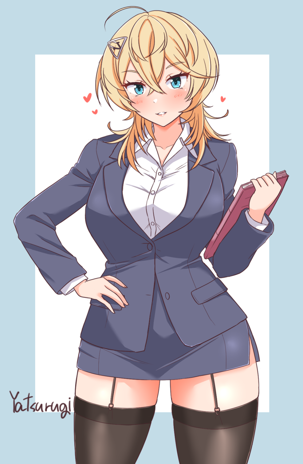 1girl, alternate_costume, black_thighhighs, blonde_hair, blue_background, blue_eyes, blush, book