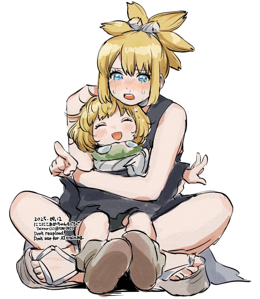2girls, blonde_hair, blue_eyes, blush, child, closed_eyes, crying, crying_with_eyes_open, dr._stone, highres, hug, kohaku_(dr._stone), multiple_girls, open_mouth, pointing, ponytail, sandals, short_hair, siblings, simple_background, sitting, sitting_on_lap, sitting_on_person, smile, suika_(dr.stone), tears, tmr0621, twitter_username, white_background