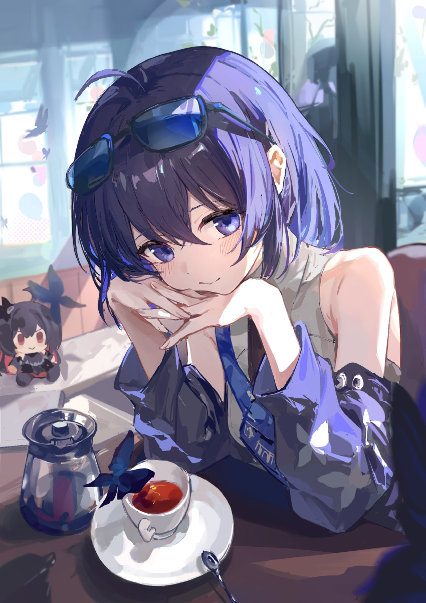 1girl, ahoge, blue_eyes, blue_hair, blue_jacket, character_doll, cup, doll