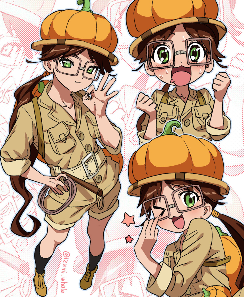 >_o, 1girl, :3, absurdres, adjusting_eyewear, backpack, bag, belt