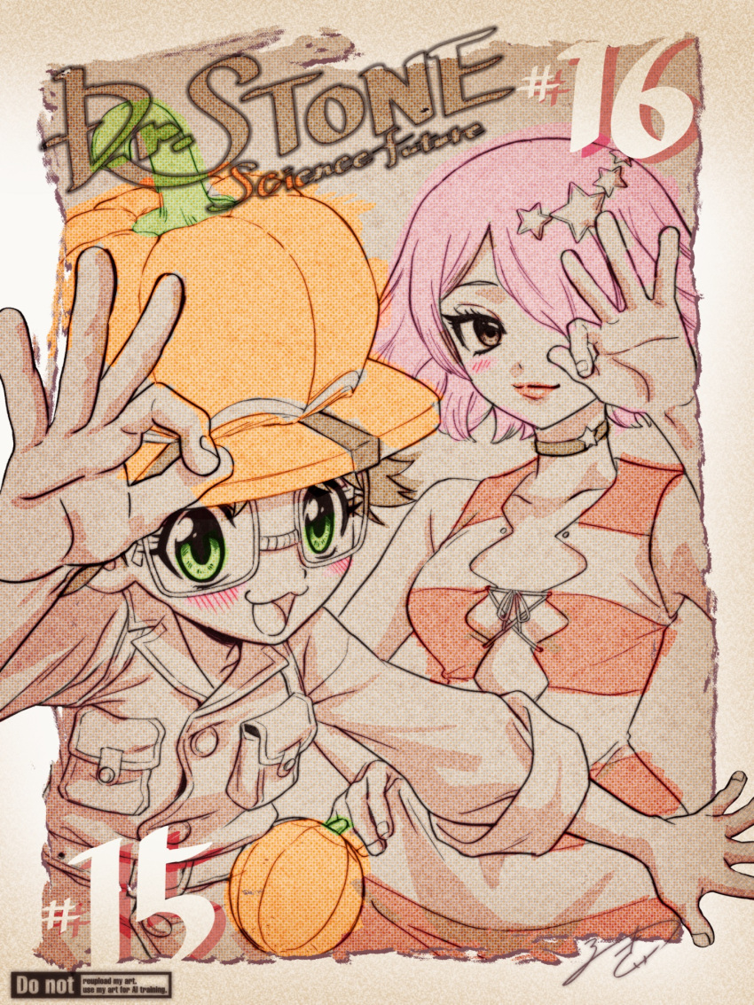 2girls, :3, blush, breast_pocket, breasts, brown_eyes, brown_hair, chelsea_childe