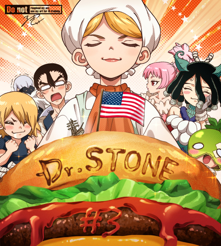 1other, 3boys, 3girls, american_flag, apron, black_hair, blonde_hair, blush