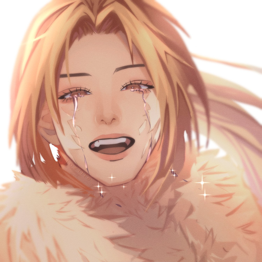 1girl, blonde_hair, broken_skin, brown_eyes, crying, crying_with_eyes_open, curtained_hair, fur_collar