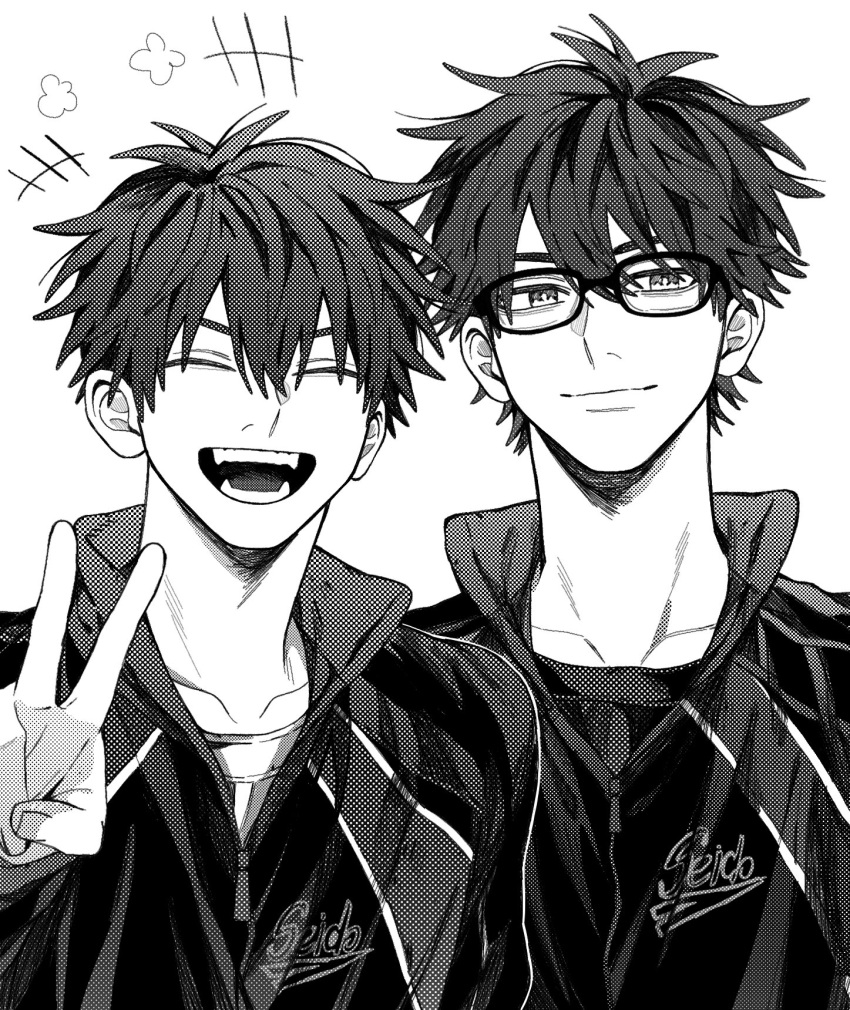 2boys, ace_of_diamond, collarbone, commentary_request, facing_viewer, fangs, glasses, greyscale