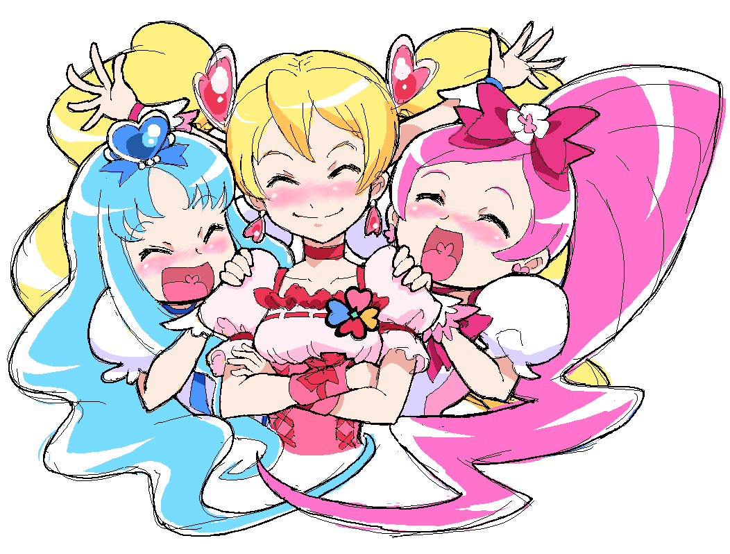 3girls, blonde_hair, blue_hair, blush, bow, brooch, choker, closed_eyes, crossed_arms, cure_blossom, cure_marine, cure_peach, earrings, eyes_closed, fresh_precure!, hair_ornament, hairpin, hanasaki_tsubomi, heart, heartcatch_precure!, jewelry, kotomozou, kurumi_erika, long_hair, magical_girl, momozono_love, multiple_girls, oekaki, pink_hair, ponytail, precure, ribbon, smile, twintails, wrist_cuffs