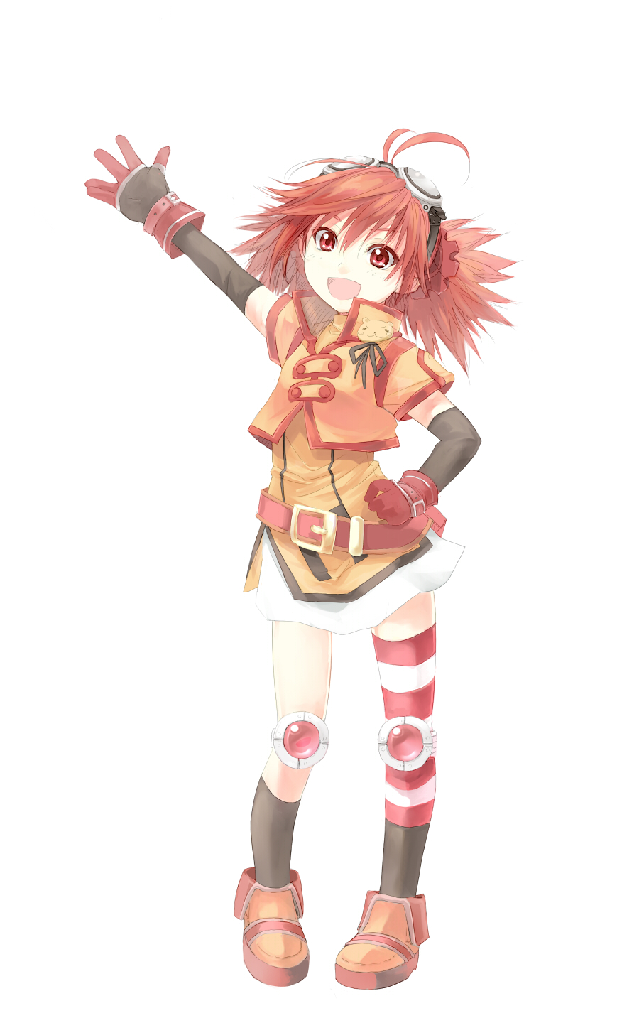 copyright_request, elbow_gloves, gloves, goggles, highres, knee_pads, open_mouth, red_eyes, red_hair, redhead, simple_background, single_thighhigh, solo, striped, striped_legwear, striped_thighhighs, thighhighs, wander_(artist), white_background
