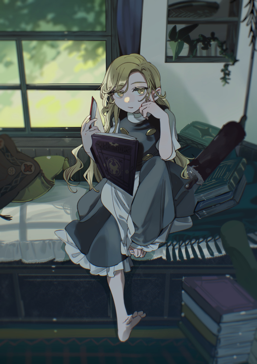 1girl, absurdres, apron, barefoot, black_dress, blonde_hair, book, book_stack
