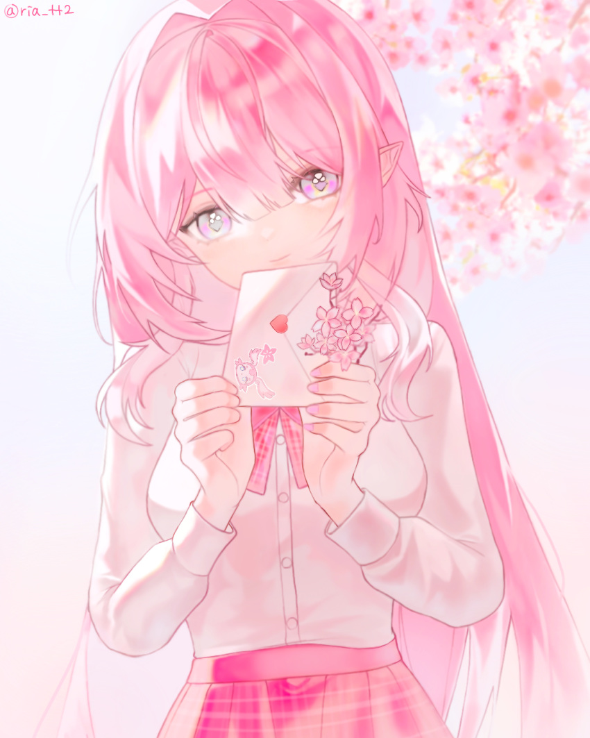 1girl, breasts, cherry_blossoms, cyrene_(honkai:_star_rail), dress, envelope, flower, highres, holding, holding_envelope, holding_letter, honkai:_star_rail, honkai_(series), large_breasts, letter, long_hair, long_sleeves, love_letter, neck_ribbon, pink_hair, ria, ribbon, school_uniform, shirt, smile, solo, tt2, white_shirt