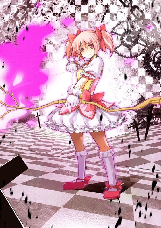 bad_id, bow, bow_(weapon), choker, dress, gloves, hair_ribbon, kaname_madoka, kanbara_maro, kneehighs, magical_girl, mahou_shoujo_madoka_magica, mary_janes, pink_eyes, pink_hair, puffy_sleeves, ribbon, shoes, short_hair, short_twintails, solo, twintails, weapon, white_gloves, white_legwear, witch's_labyrinth, witch's_labyrinth