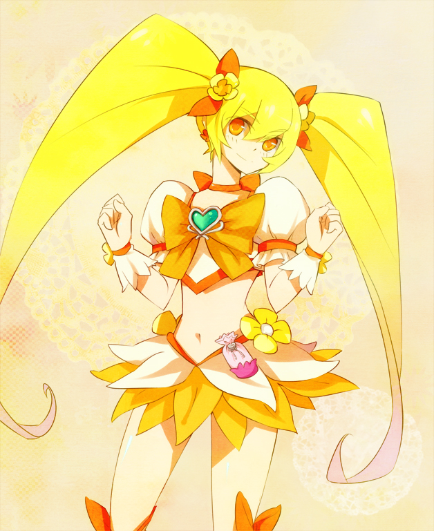 blonde_hair, bow, brooch, cure_sunshine, dress, earrings, flower, hair_flower