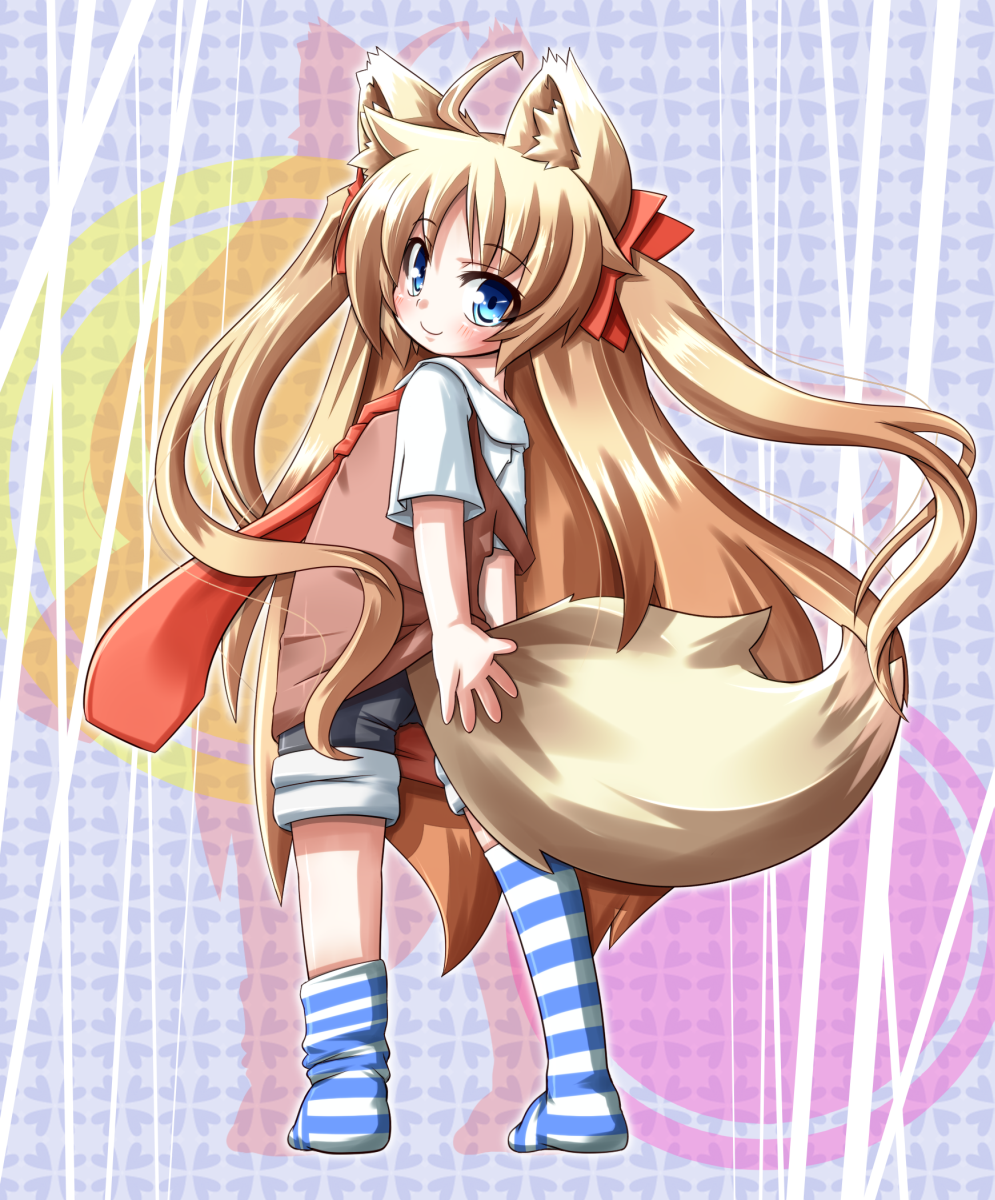 animal_ears, bad_id, blonde_hair, blue_eyes, blush, chisa_(kuroneko_liger), footwear, fox_ears