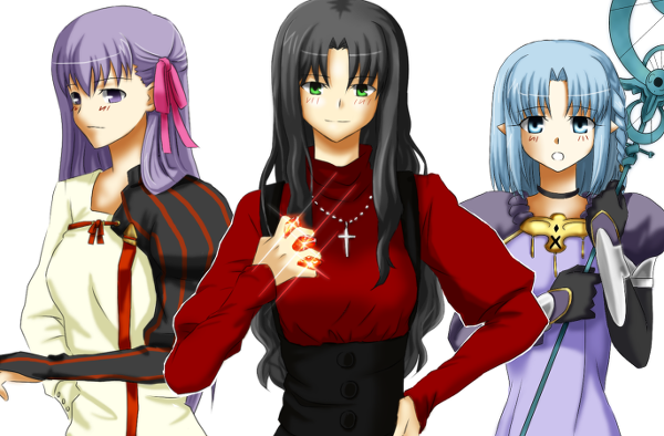3girls, aqua_eyes, aqua_hair, black_hair, blue_hair, bow, caster, cross