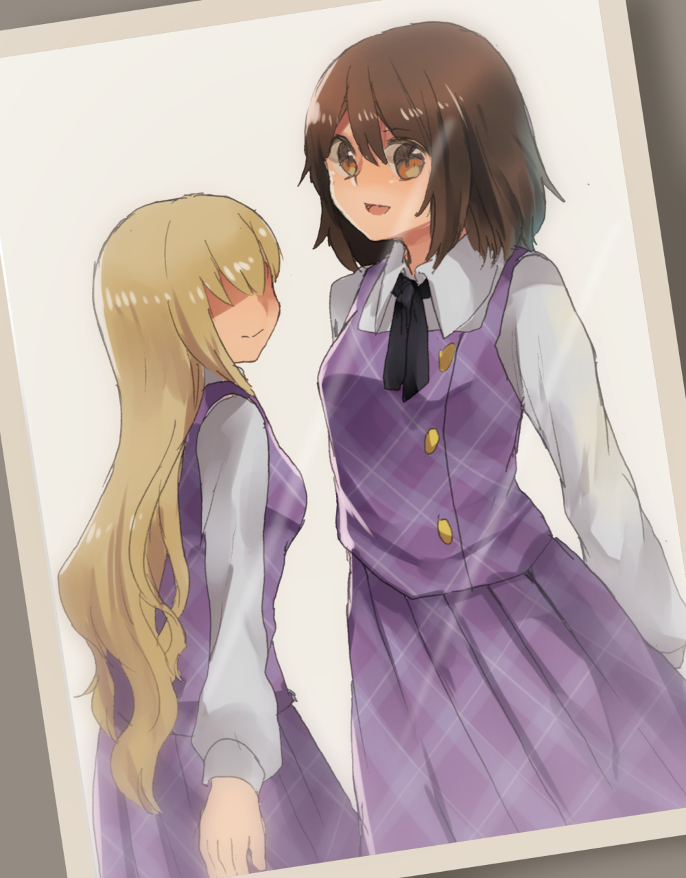 2girls, aged_down, blonde_hair, brown_eyes, brown_hair, feet_out_of_frame, from_behind, highres, long_hair, maribel_hearn, multiple_girls, neck_ribbon, photo_foreground, plaid_clothes, plaid_skirt, plaid_vest, purple_skirt, purple_vest, ribbon, school_uniform, short_hair, shukinuko, skirt, touhou, upper_body, usami_renko, vest