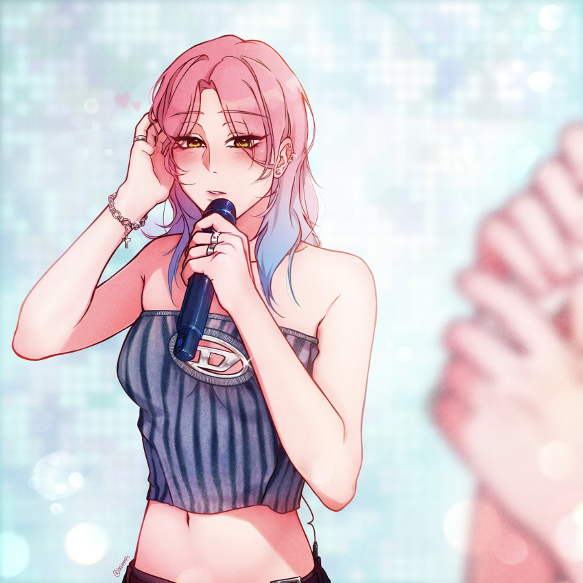 2girls, alien_stage, alternate_costume, bare_shoulders, besitosmp4, blue_hair, blue_shirt, blush