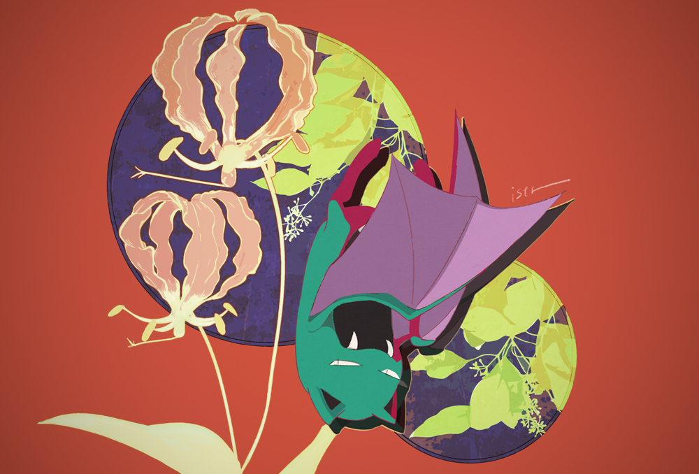animal_focus, bat_(animal), commentary, fangs, flower, full_body, golbat, isutai