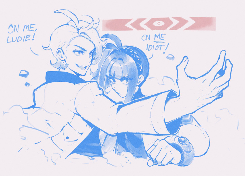 1boy, 1girl, ahoge, antenna_hair, blunt_bangs, english_text, highres, jacket