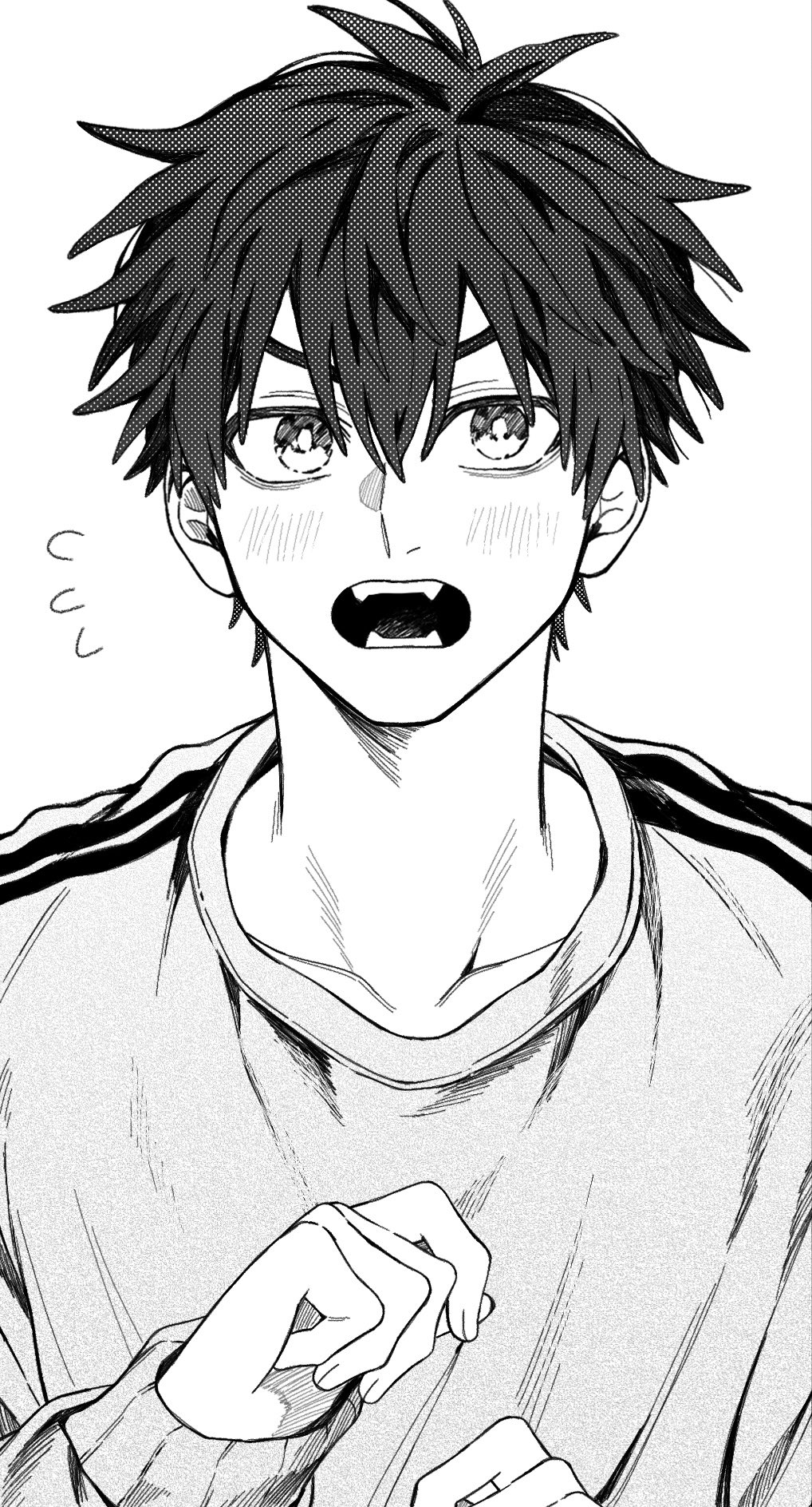 1boy, ace_of_diamond, blush, fangs, greyscale, hair_between_eyes, hashtag-only_commentary, highres