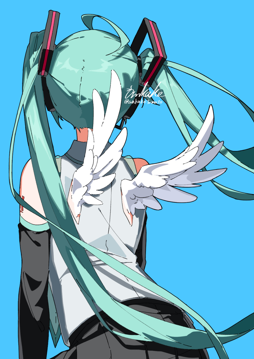 1girl, ahoge, ankaketomato, aqua_hair, artist_name, blue_background, detached_sleeves, facing_away