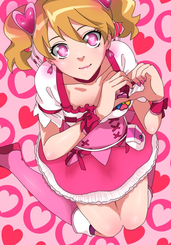 boots, bow, brown_hair, choker, cure_peach, dress, earrings, fresh_precure!, hair_ornament, hairpin, heart, heart-shaped_pupils, heart_hands, jewelry, kneeling, magical_girl, momozono_love, pink_eyes, precure, ribbon, rocd, short_hair, smile, solo, symbol-shaped_pupils, twintails