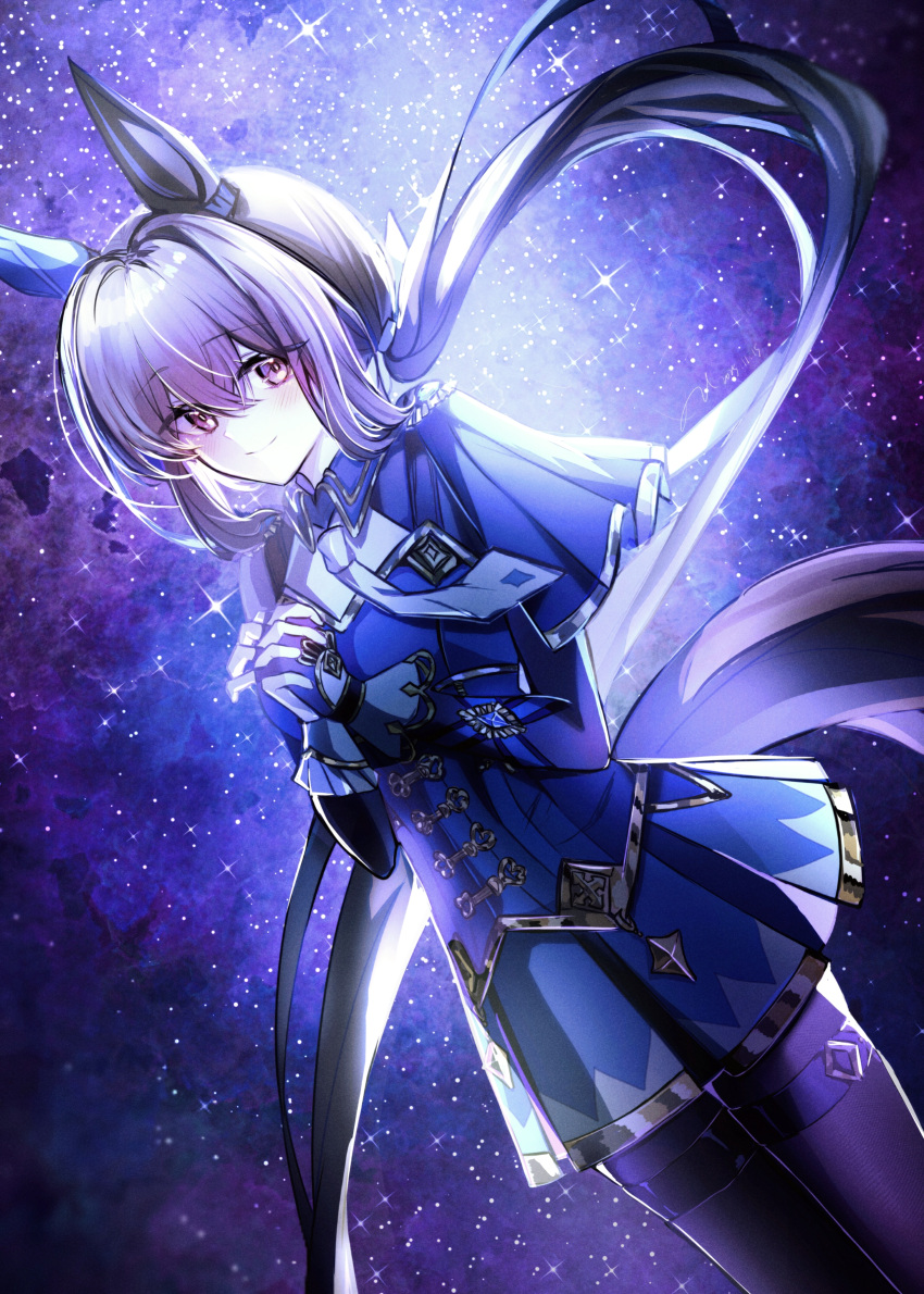 1girl, absurdres, admire_vega_(starry_nocturne)_(umamusume), admire_vega_(umamusume), animal_ears, black_pantyhose, blue_capelet, blue_dress, blush, breasts, brown_hair, capelet, chinese_commentary, closed_mouth, commentary, dress, ear_covers, gloves, hair_between_eyes, highres, horse_ears, horse_girl, horse_tail, long_hair, long_sleeves, looking_at_viewer, low_ponytail, meeime114514, necktie, night, night_sky, own_hands_clasped, own_hands_together, pantyhose, ponytail, single_ear_cover, sky, smile, solo, star_(sky), tail, thigh_strap, umamusume, violet_eyes, white_necktie