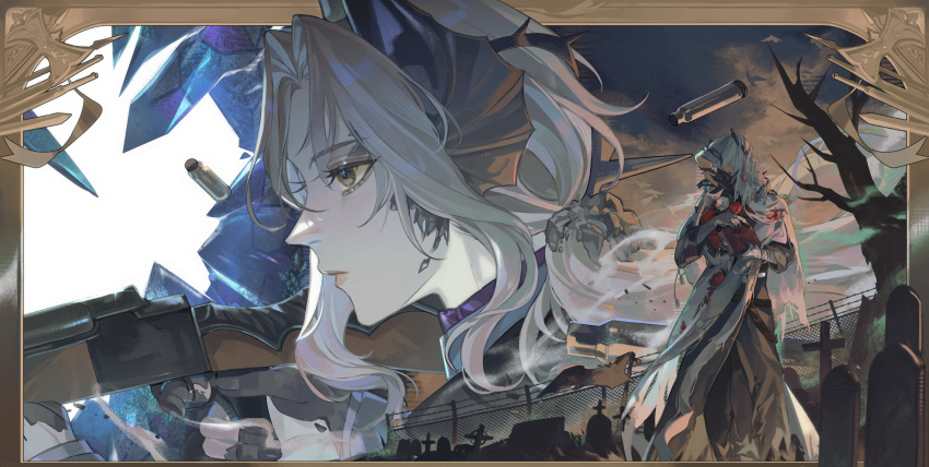 1boy, 1girl, absurdres, bare_tree, black_coat, black_pants, broken_glass, casing_ejection