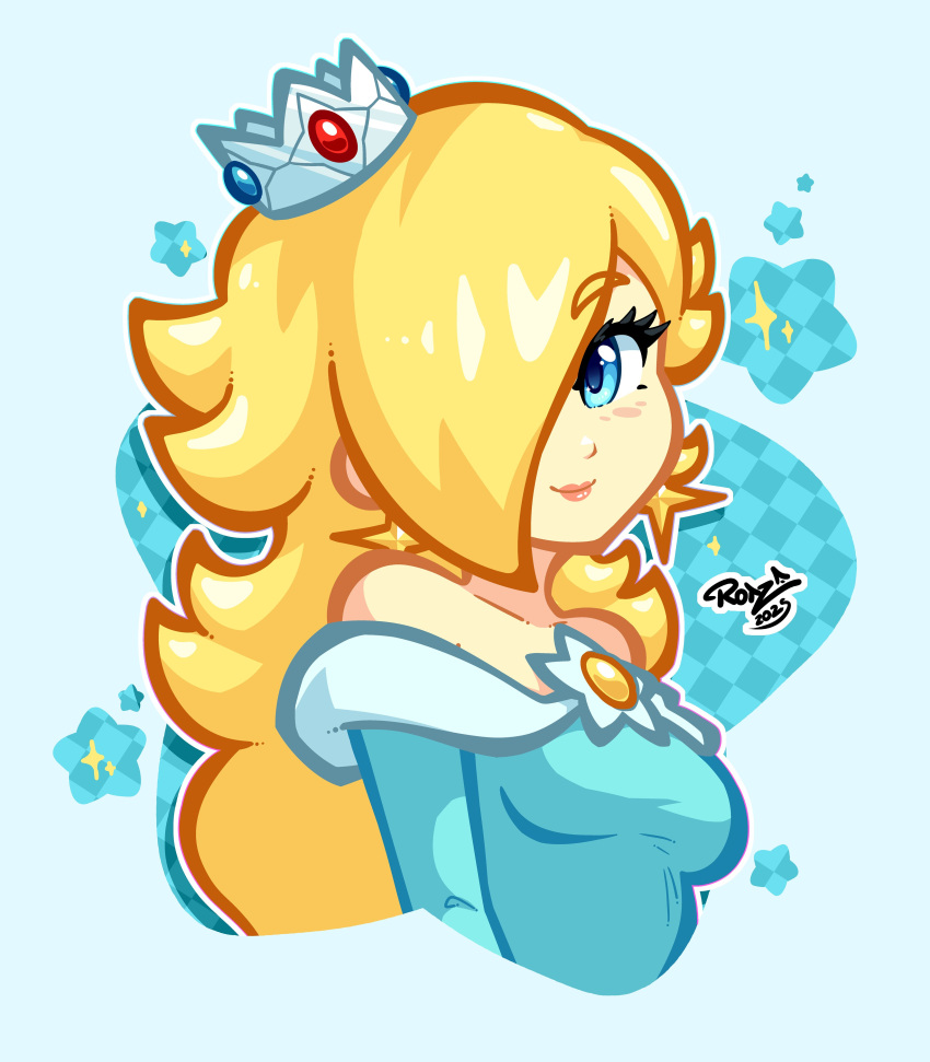 1girl, absurdres, blonde_hair, blue_dress, blue_eyes, brooch, closed_mouth, cropped_torso, crown, dress, earrings, eyelashes, hair_over_one_eye, highres, jewelry, long_hair, long_sleeves, looking_at_viewer, off-shoulder_dress, off_shoulder, rosalina, rotze, smile, solo, star_(symbol), star_brooch, star_earrings, super_mario_bros.
