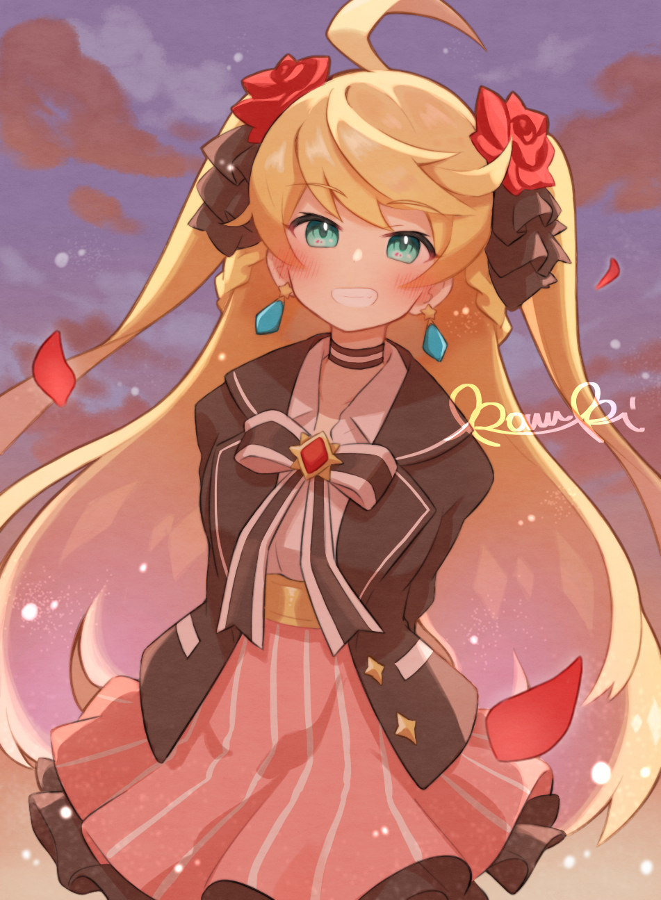 1girl, ahoge, arms_behind_back, black_bow, black_bowtie, black_jacket, blonde_hair, blush