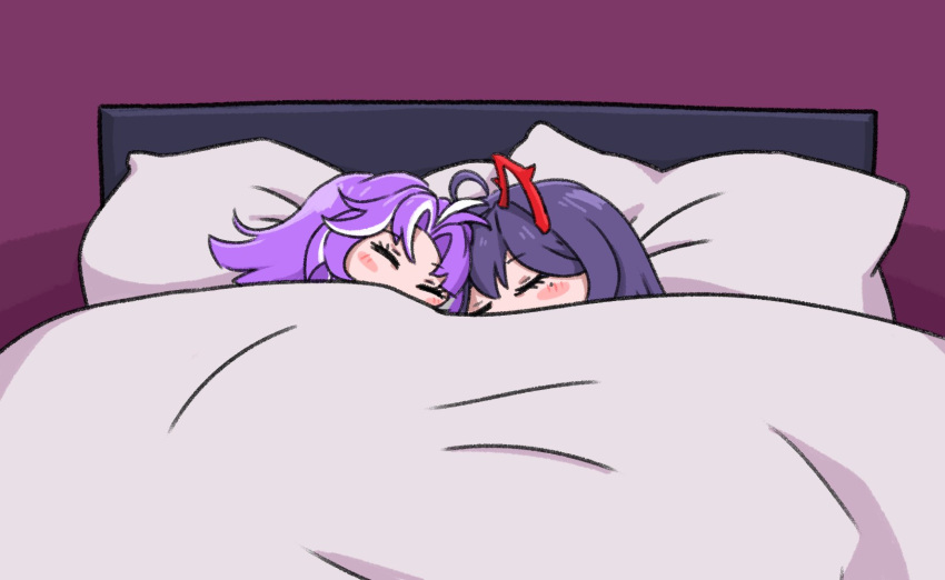 2girls, akuma_nihmune, cuddling, hashtag-only_commentary, highres, in_bed, laying_down, michi_mochievee, numii, obsidian_dread, sleeping, sleeping_together, yuri